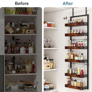bukfen Over the Door Pantry Organizer, 6-Tier Adjustable Wooden Basket Kitchen Pantry Door Organization and Storage, Heavy-Duty Metal Hanging Kitchen Spice Rack,D6.3 x W17.71 x H50.60 inch,1 Pack - Image 6