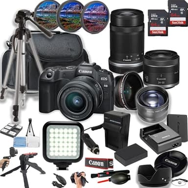 Canon EOS R8 Mirrorless Camera + 24-50mm & 55-210mm Lenses + LED Light + 128GB Memory + Lenses + Filters + Case + Tripod + Grips + Added Power, and More (28pc Bundle) (Renewed) - Image 1