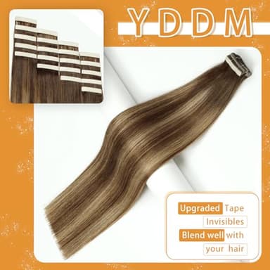 YDDM Tape in Hair Extensions, 18 Inch 20pcs Chocolate Brown Mixed Honey Blonde Seamless Invisible Tape in Hair Extensions Human Hair(4/4/27#, 18 inch) - Image 2