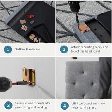 Lucid Mid-Rise Upholstered Headboard - Diamond Tufted - Padded Polyester - Adjustable Height from 34” to 46” - Easy Assembly - Bed Frame or Wall Mount - Sturdy - Stone - Full / Full XL Size - Image 5