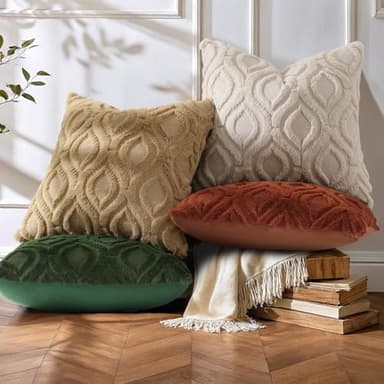 decorUhome Fall Throw Pillow Covers 18x18 Inch Set of 2, Soft Plush Decorative Faux Fur Beige Solid Couch Pillow Covers, Accent Farmhouse Neutral Square Euro Pillow Cases for Sofa Bed Living Room - Image 3