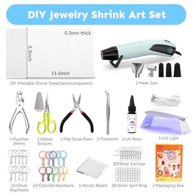 Auihiay Printable Shrink Plastic Sheet Kit, Include Heat Gun, UV Resin, UV Lamp, 20 PCS Printable Shrink Papers and Rich DIY Tools for Crafts, Kids Jewelry Making, Christmas Ornaments - Image 4