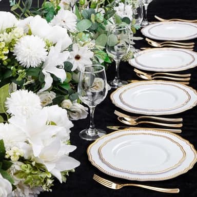 Hioasis 60pcs Gold Plastic Plates - White and Gold Disposable Dinnerware with Gold Rim, Heavy-duty, 10.25 inch, Dinner Plates for Party & Wedding - Image 5