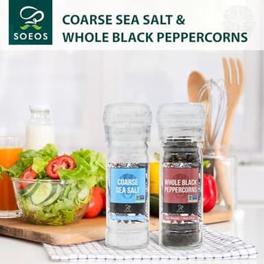 Soeos Sea Salt 3.5 oz + Black Peppercorns 1.8 oz, Salt for Grinder Refill, Salt and Peppercorns, Pepper Grinder Refill, Non-GMO Spice Seasoning Set For Cooking (150g Grinders, Glass Bottle) - Image 3
