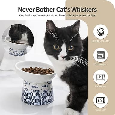 Tilted Ceramic Raised Cat Bowls, 8 OZ Elevated Food and Water Bowls,Porcelain Stress Free Pet Feeder Dish for Cats and Kittens, Puppies, 2 Pack(Black&Blue) - Image 2