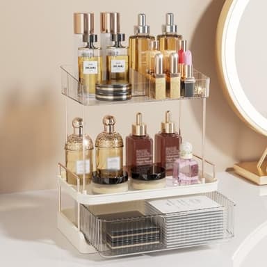 Delamu 2-Tier Bathroom Countertop Organizer with Drawer, Large Capacity Makeup Skincare Organizer Multi-Compartment Vanity Storage for Cosmetics Toiletries, Easy to Assemble, Stylish Design, Colorless - Image 9