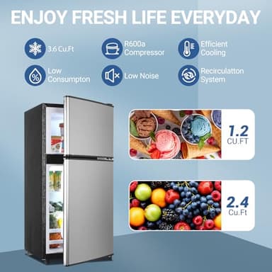 Zyerch FLS-90-SILVER Mini Refrigerator 4.0, Small, Adjustable Thermostat Compact Fridge with Freezer for Apartment, Dorm, Kitchen, Office, Silver, 3.6 Cu. Ft - Image 2