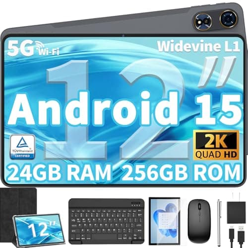 12 Inch Tablet Android 15 Tablets, 2025 Upgraded Android Tablet with Keyboard, 24GB RAM+256GB ROM(1TB Expand), Octa-Core, 2K 2000x1200 Display, 16MP Dual Camera, 8000mAh, 2.4G/5G WiFi, GPS (Black) - Image 1