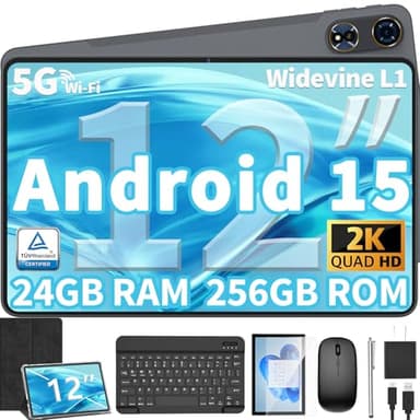 12 Inch Tablet Android 15 Tablets, 2025 Upgraded Android Tablet with Keyboard, 24GB RAM+256GB ROM(1TB Expand), Octa-Core, 2K 2000x1200 Display, 16MP Dual Camera, 8000mAh, 2.4G/5G WiFi, GPS (Black) - Image 1