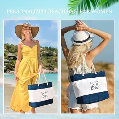 Becokan Initial Beach Bag Waterproof Canvas Beach Tote Bag Zipper Personalized Gifts for Women Her Birthday Travel Essentials (M, Dark Blue 2 pcs) - Image 5