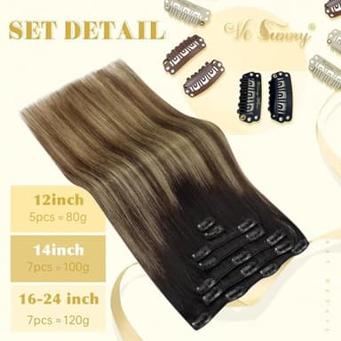 Ve Sunny Clip in Hair Extensions Real Human Hair Black Ombre Human Hair Clip in Extensions Black Balayage Brown with Blonde Clip in Human Hair Extensions 22inch 120g - Image 3