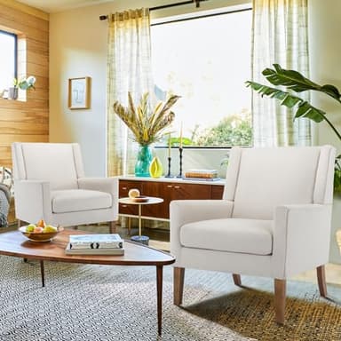 COLAMY Modern Wingback Living Room Chair, Upholstered Fabric Accent Armchair, Single Sofa Chair with Lounge Seat and Wood Legs for Office/Bedroom/Reading Spaces, Beige - Image 6