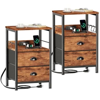 Furologee Nightstand Set of 2, Rustic Brown, with Charging Station and USB Ports, Side Tables with 2 Fabric Drawers, Bedside Tables with Storage Shelf & Hooks, for Living Room/Bedroom - Image 1