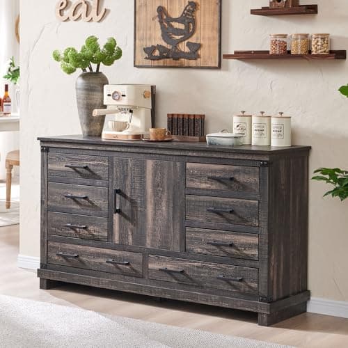 T4TREAM Farmhouse 8 Drawers Dresser for Bedroom, 54" Wide Wood Chest of Drawers w/Storage Cabient & Adjustable Shelf, Rustic Dressers Organizer for Living Room, Hallway, Dark Rustic Oak - Image 1