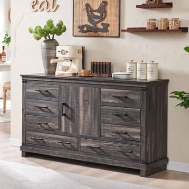 T4TREAM Farmhouse 8 Drawers Dresser for Bedroom, 54" Wide Wood Chest of Drawers w/Storage Cabient & Adjustable Shelf, Rustic Dressers Organizer for Living Room, Hallway, Dark Rustic Oak - Image 1