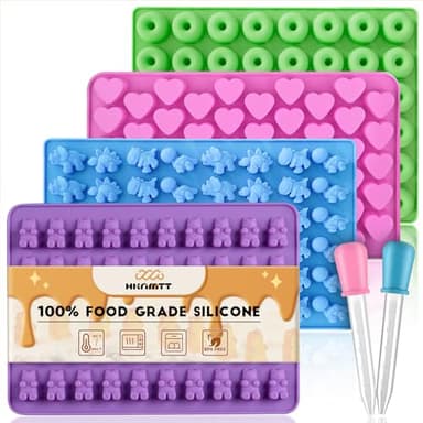 Gummy Bear Molds Silicone Mini Size, Non-Stick Chocolate Candy Gummy Mould for Kid with 2 Droppers Including Dinosaur, Bear, Hearts and Donut Shape 201 Cavities - Image 1