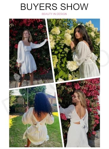 Dokotoo Women's Lantern Long Sleeve Dresses Tie Back Square Neck Fall Dresses Ruffled Off Shoulder A-Line Midi Dress Casual Mini Dress for Women White Medium - Image 4