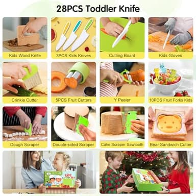 Suhctuptx 28PCS Toddler Knife Set - Kids Knifes for Real Cooking, Wooden Kids Kitchen Knife Set with Gloves Cutting Board Crinkle Cutters Kid Safe Knives, Toddlers Kitchen Tools - Image 4