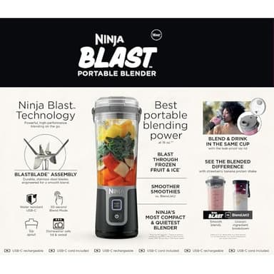 Ninja Blast 16 oz. Personal Portable Blender with Leak Proof Lid and Easy Sip Spout, Perfect for Smoothies, Cordless, USB-C Rechargeable, Dishwasher Safe Parts (Renewed) (Black) - Image 13