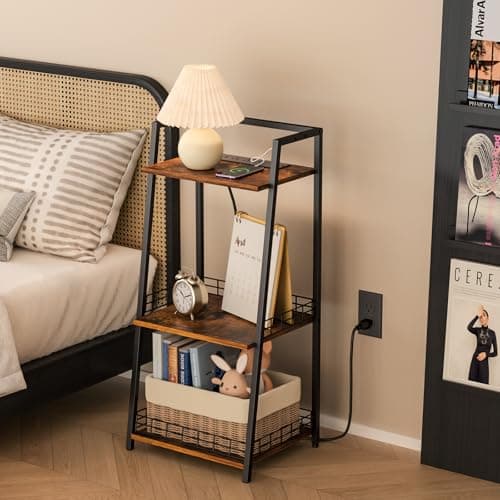 keomaisyto 3-Tier Bathroom Shelves with Power Strips, Ladder Shelf for Storage, Rustic Bathroom Stand Organizer, Display Nightstand with Space-Saving Design, Stylish Storage Solution for Home - Image 1