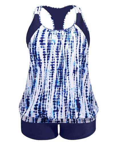 Holipick Blue Tie Dye Plus Size Tankini Swimsuit for Women Two Piece Tummy Control Bathing Suit Blouson Racerback Tankini Top with Shorts 20W - Image 1