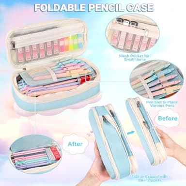 60 Pcs Aesthetic School Supplies with Large Capacity Pencil Case, 5 Quick Dry Black Ink Gel Pens, 12 Color Pastel Highlighters, 6 Mechanical Pencil Set 0.5 & 0.7 mm, 7 Multi-Color Index Sticker-Blue - Image 6