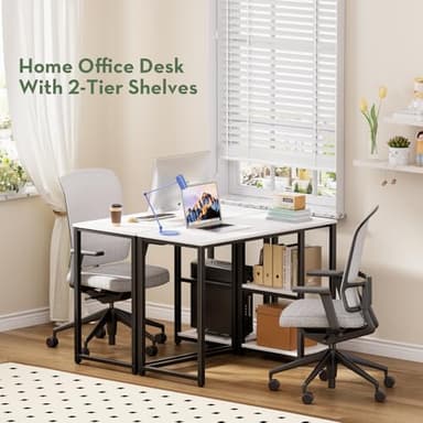 SINPAID 40IN Computer Desk with Shelves, Cream White Sturdy Small Desk for Bedroom, Modern Gaming Table, Office Furniture - Image 8