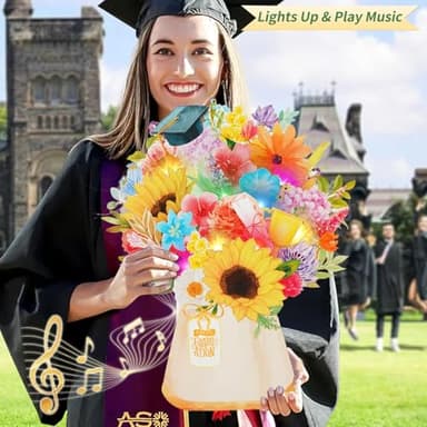 MZD8391 3D Pop Up Graduation Card with Music & Lights - Sunflower, Daisy, Cap Bouquet – Envelope Included – 2025 Graduation Gift & Decoration - Image 2