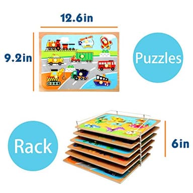 WOOD CITY Toddler Puzzles and Rack Set, Wooden Peg Puzzles Bundle with Storage Holder Rack, Educational Knob Puzzle for Kids Age 2 3 4 Years - Alphabet Number Shape Dinosaur Animal Vehicle - Image 7