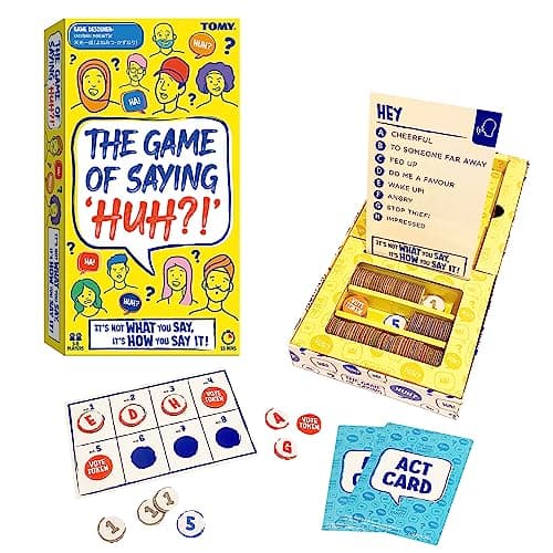 TOMY The Game of Saying 'Huh?!' - Voice Impressions Card Games - Funny Party Game of Acting and Guessing - Family Board Games for Adults and Kids - 3-8 Players - Ages 8 Years and Up - Image 1