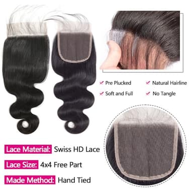12A Human Hair Bundles with Closure 16 18 20 with 14 Inch Brazilian Body Wave 3 Bundles Human Hair with 4x4 HD Lace Closure 100% Unprocessed Virgin Human Hair Weave - Image 3