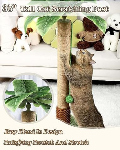 ANWA 35" Tall Cat Scratching Post for Kitten and Large Cats, Scratching Post for Indoor Cats with Self-Grooming Rubber Brush, Cat Sisal Post with Simulated Leaves - Image 2