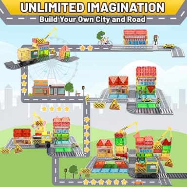 LionFuny 70Pcs Magnetic Tiles Magnetic Building Blocks, Building Toys for Kids Ages 3-5 4-8 8-12 Toddlers STEM Preschool Toy Boys Toys, City Construction Toys Set with 2 Cranes Train Tracks Road Car - Image 5