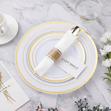 350PCS Gold Plastic Dinnerware Set, Disposable Party Plates for 50 Guests, Include: 100 Plastic Plates, 50 Pre Rolled Napkins with Gold Silverware, 50 Cups - Image 5