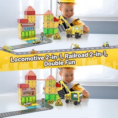 LionFuny 70Pcs Magnetic Tiles Magnetic Building Blocks, Building Toys for Kids Ages 3-5 4-8 8-12 Toddlers STEM Preschool Toy Boys Toys, City Construction Toys Set with 2 Cranes Train Tracks Road Car - Image 2