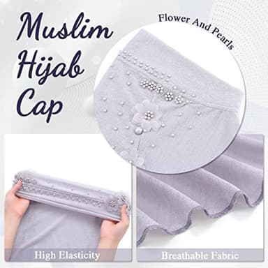 Woeoe Pearl Muslim Hijab Cap Plain Color Pre-Tied Flower Hijab Lightweight Muslim Head Wrap for Women and Girls - Image 5