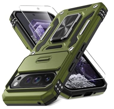 DEERLAMN Case for Google Pixel 9 Pro XL with Slide Camera Cover+Screen Protector(1 Pack), Rotated Ring Kickstand Military Grade Shockproof Protective Cover-Olive Green - Image 1