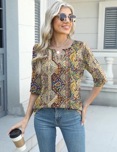 AKEWEI Womens Boho Tops Dressy Casual 3/4 Sleeve Shirts V Neck Tees Pretty Summer Blouses 2025 Fashion Multicolor Floral XL - Image 5