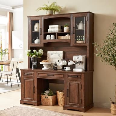 JXQTLINGMU Farmhouse 76" Height Computer Desk with Hutch, Office Desk with Charging Station, Drawers and Storage Cabinet, Workstation for Office Home, Brown - Image 6