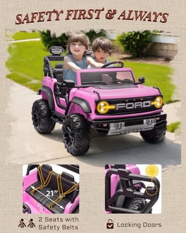 First Ride On 24V Ride on Toys for Big Kids, Licensed Ford Bronco Raptor 2 Seater Ride on Cars with Remote Control, Ride on Truck w/ 4-Wheeler Suspension, 3 Speeds, Led Lights, Bluetooth (24V, Pink) - Image 7