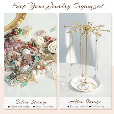 PABOBIT Rotating Necklace Holder Jewelry Stand, Gold Necklace Organizer Display with 48 W-shaped Hooks,Jewelry Organizer for Necklaces Earrings Rings Storage Tree, Presents for Women - Image 5