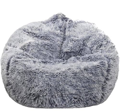 Fluffy Stuffed Animal Storage Bean Bag Chair Cover (No Filler), Faux Fur Comfy Bean Bag Cover for Organizing Plush Toys or Textile, for Adults Teens Kids Girls, Gray - Image 1