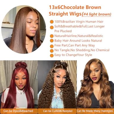 Chocolate Brown Lace Front Wigs Human Hair 30Inch Pre Plucked 13x6 Straight Lace Front Wigs Human Hair 180% Density Coloed #4 Light Brown Glueless Wig HD Lace Frontal Wigs for Women - Image 3