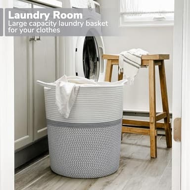 INDRESSME Baby Laundry Basket for Nursery, Kids Laundry Hamper, Tall Storage Basket for Living Room, Rope Basket for Blankets, Clothes, 17¾ x 15¾ x 13¾ inches, Grey - Image 2