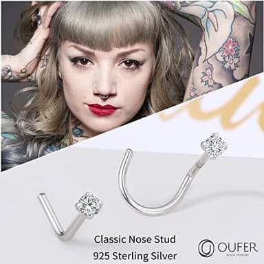 OUFER 925 Sterling Silver Nose Stud, Bone L Screw Shaped Nose Rings, 20G Nostril Solid 2mm Round CZ Nose Piercing Jewelry for Women Men - Image 5