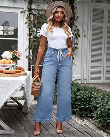 GRAPENT Women's Elastic Waist Jeans High Waisted Jeans for Women Stretchy High Waisted Flare Jeans for Women Jeans for Women Trendy Color Azure Mood Size 16 Size 18 - Image 4