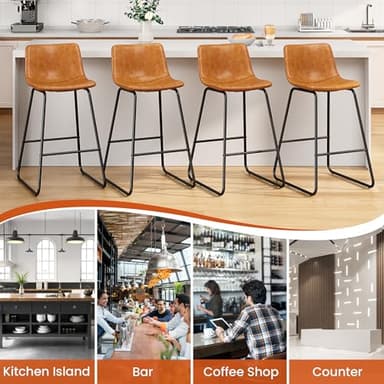 REONEY Bar Stools Set of 4, PU Leather Counter Height Bar Stools, 26" Modern Barstools with Metal Legs and Footrest, Urban Armless Dining Chairs with Backrest for Kitchen Island (Brown) - Image 5