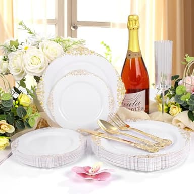 Joyido 102PCS White and Gold Plastic Plates - Heavy Duty Gold Disposable Plates Include 51PCS 7.5inch Dessert Plates, 51PCS 10.25inch Dinner Plates for Christmas & Thanksgiving Parties - Image 2