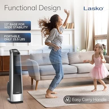 Lasko High Velocity Oscillating Tower Fan for Bedroom, Garage, Basement, and Gym with Remote Control, Timer, 3 Powerful Speeds, 35" Silver/Black, U35115 - Image 5