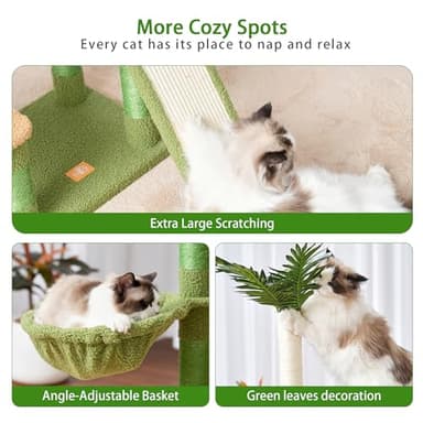 Heybly Cat Tree,Cat Tower for Indoor Cats, 65.4 inches Cat Condo with Perches, Basket, Feeding Bowl Station, Multi-Level Plush Furniture with Scratching Posts, Green and Yellow HCT015GY - Image 3